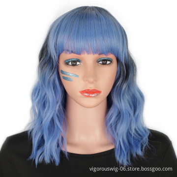 Ombre Blue Black Cheap Heat Safe Fiber High Quality Afro Wholesale Synthetic Short Wigs For Black Women